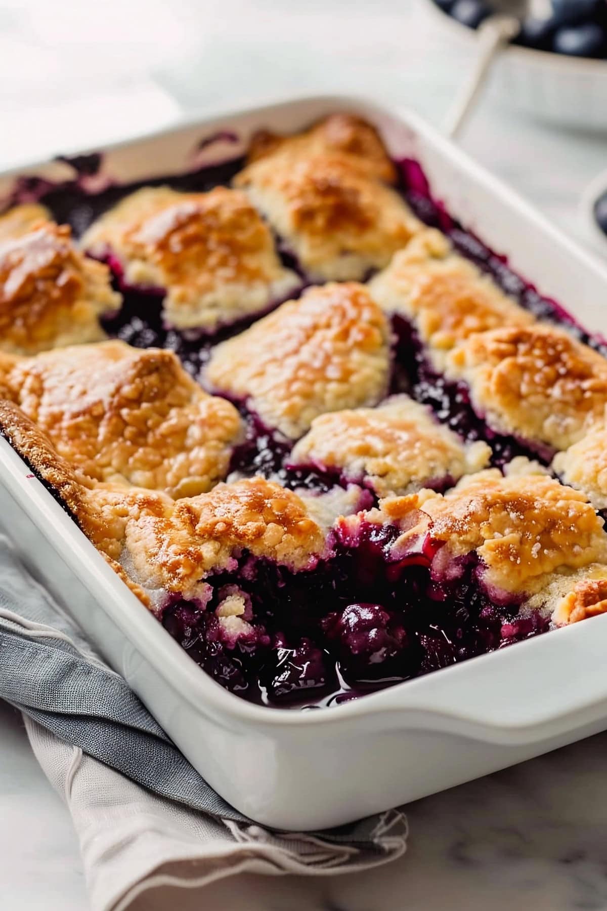 Blueberry cobbler in a white casserole dish. 