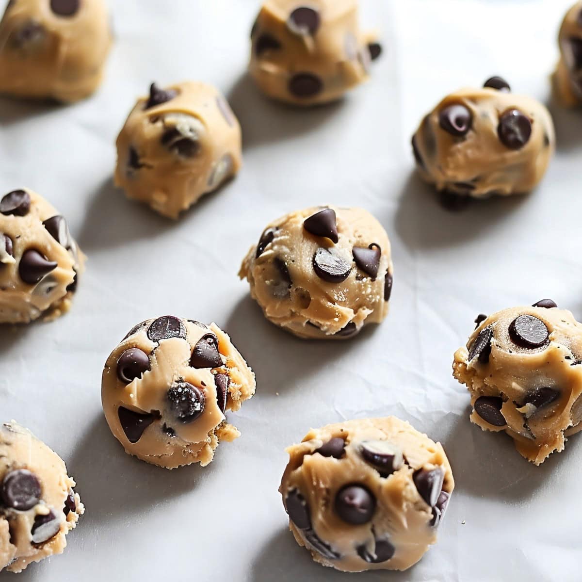 Brown Butter Chocolate Chip Cookie Dough Balls on Parchment Paper
