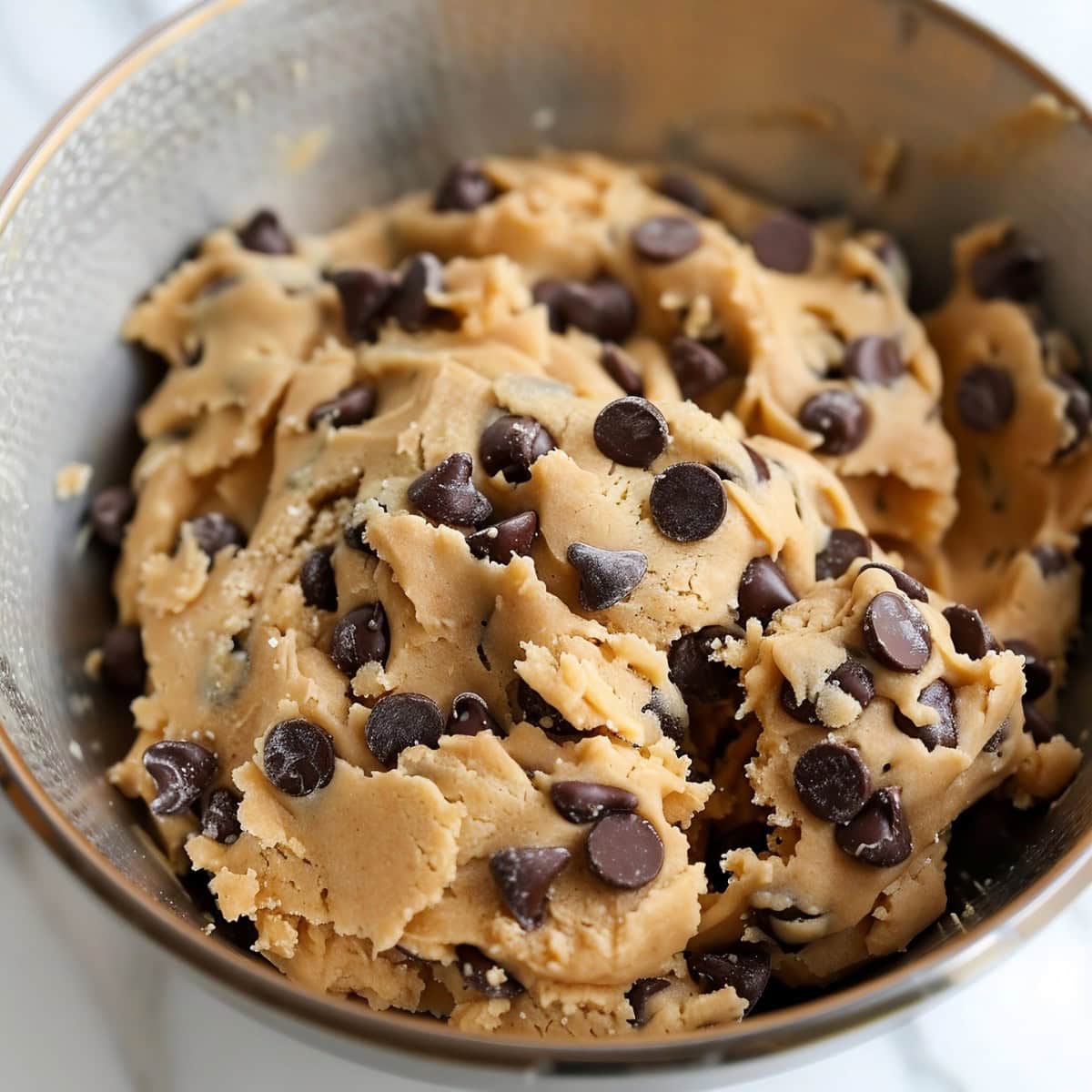 Close Top View of Brown Butter Chocolate Chip Cookies Dough in a Metal Bowl