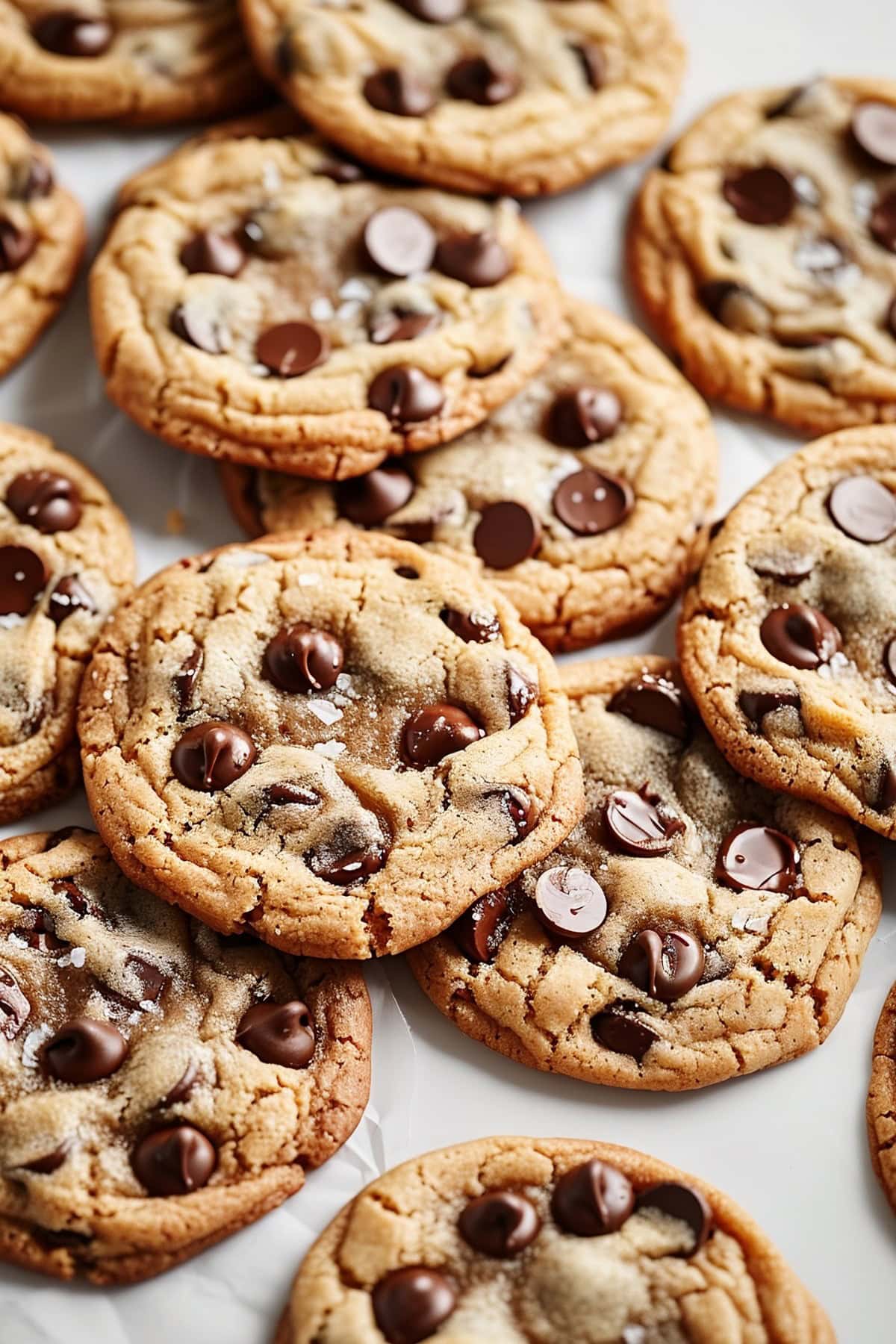 Pile of Gooey Brown Butter Chocolate Chip Cookies on Parchment Paper