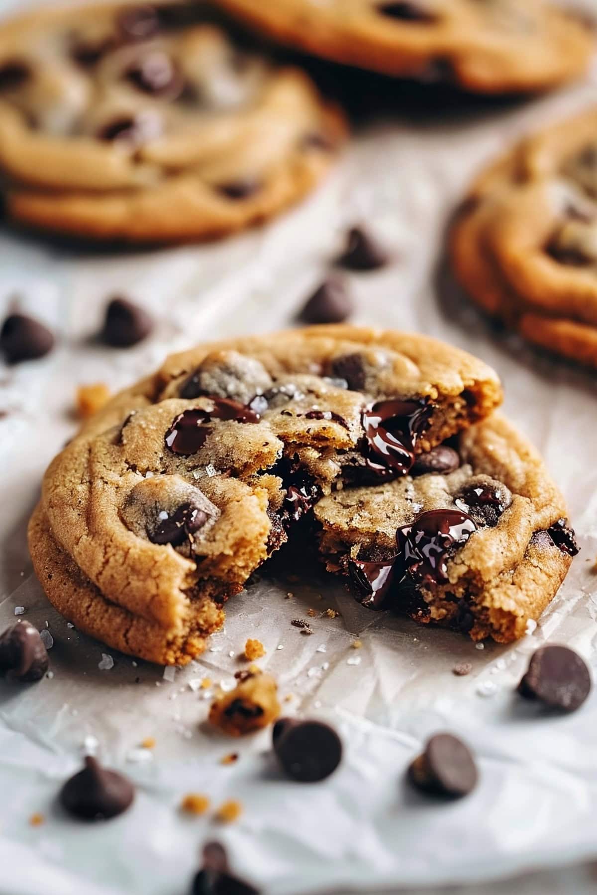 Two Halves of a Brown Butter Chocolate Chip Cookie Resting on Each Other with More Cookies and Chocolate Chips in the Background