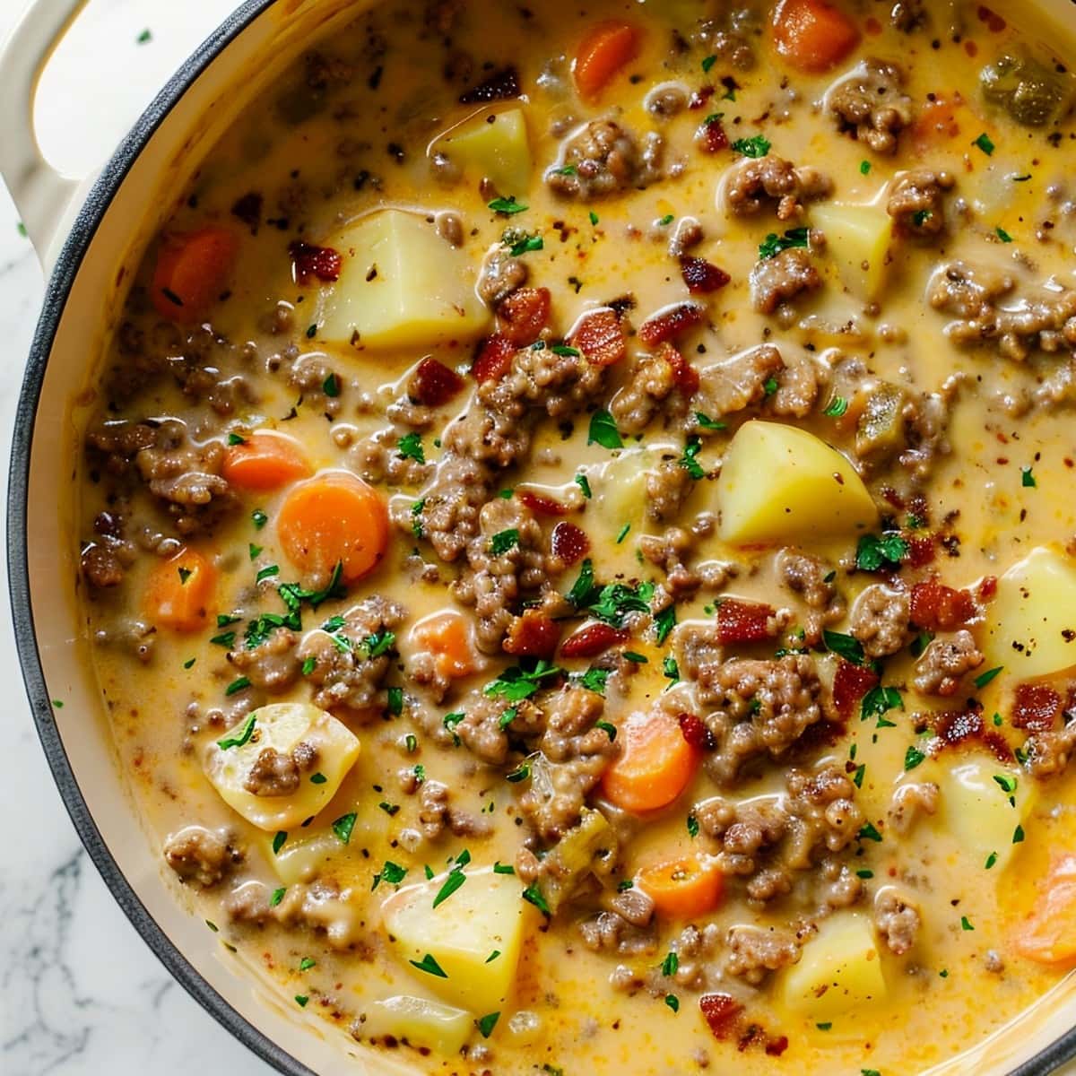 Top View of Cheeseburger Soup in a Dutch Oven