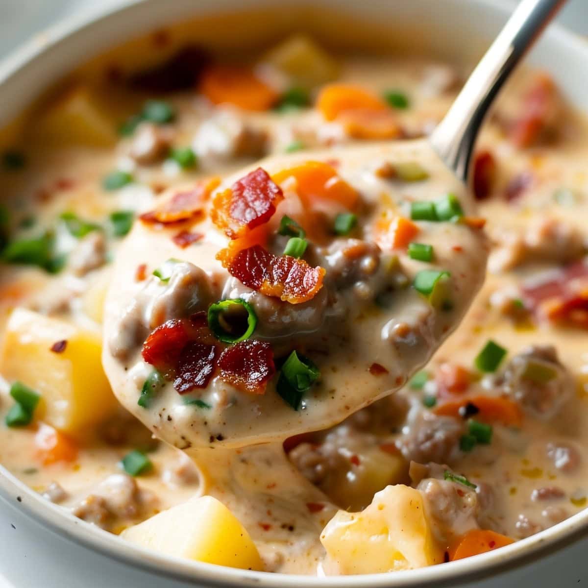 Super Close Up of Cheeseburger Soup on a Spoon Over a Bowl