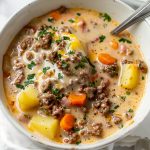 Top View of Cheeseburger Soup in Two Bowls with Spoons