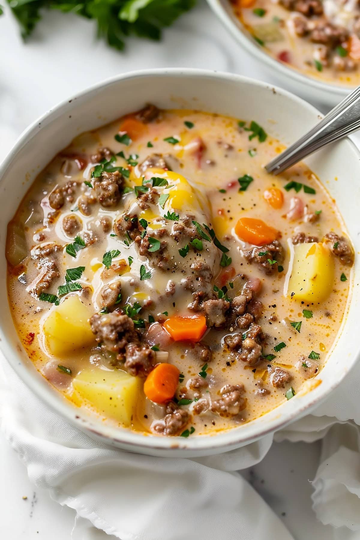 Top View of Cheeseburger Soup in Two Bowls with Spoons