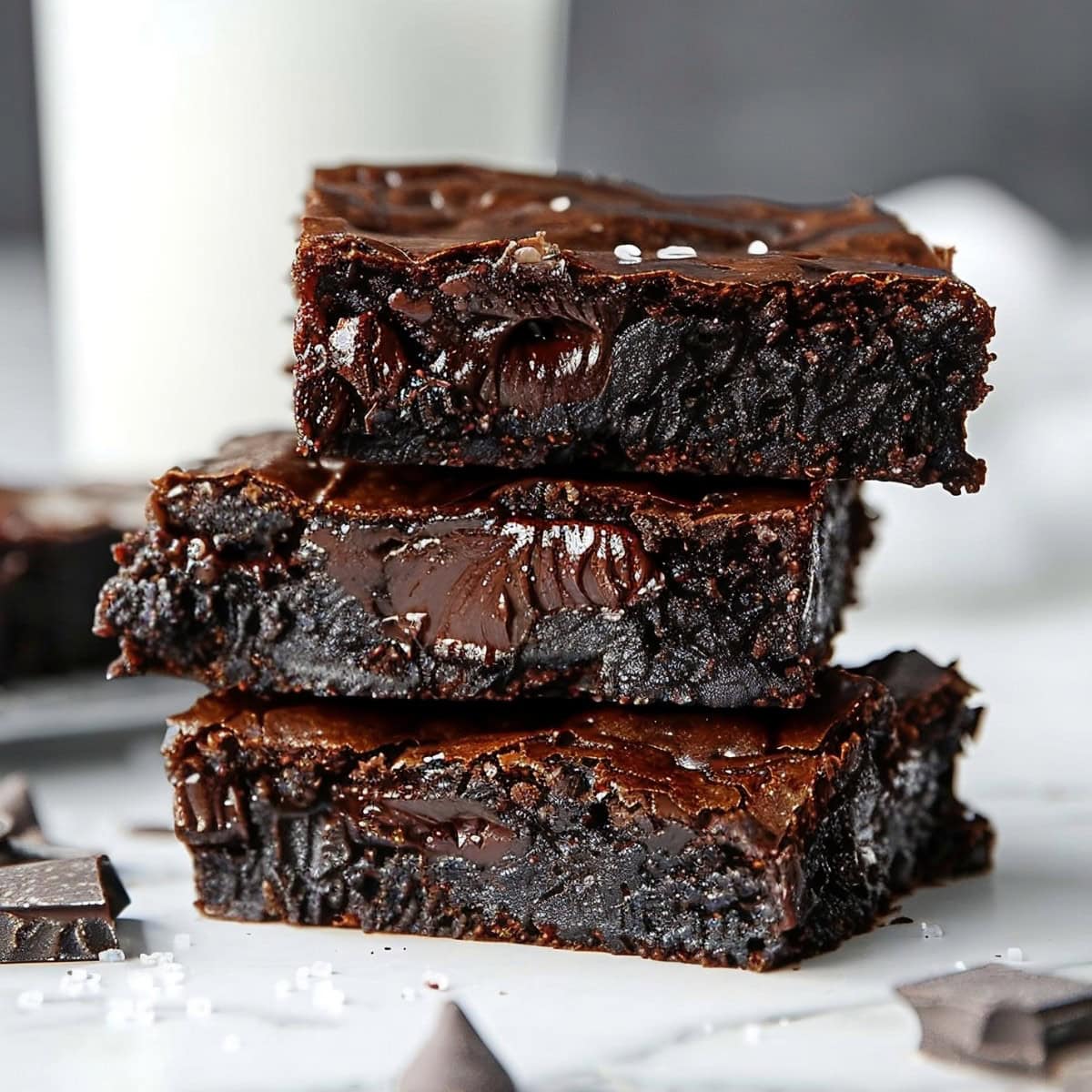 Gooey Chocolate Brownies, Stacked, on a White Marble Table with a Glass of Milk in the Background