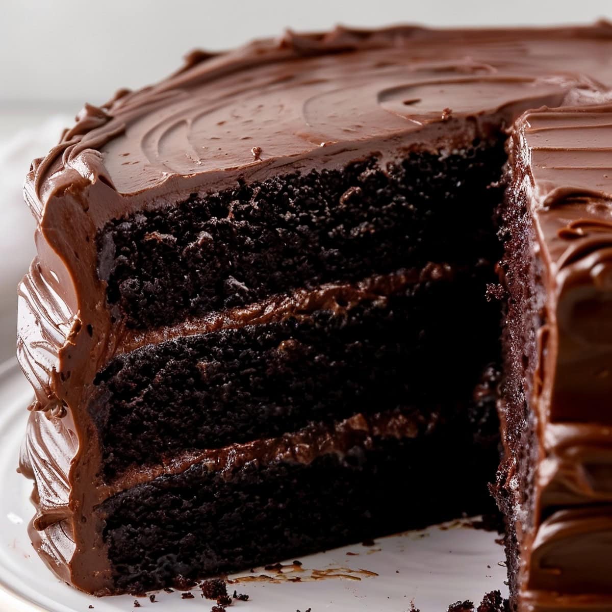 A moist chocolate fudge cake layered with silky smooth chocolate fudge frosting.