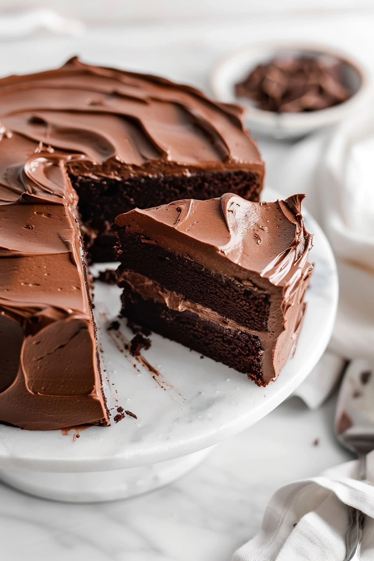 Chocolate Truffle Cake sliced, sitting on a cake tray.