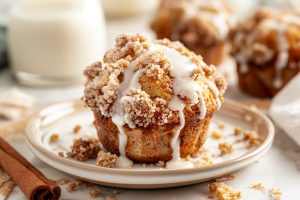 Coffee Cake Muffin served on a white plate, glass of milk in the background.