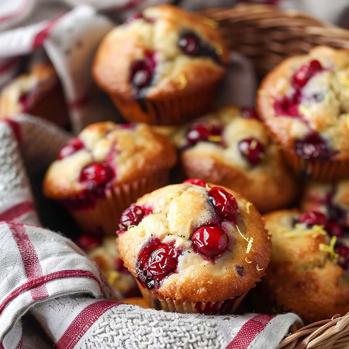 Cranberry Orange Muffins in a Basket with a Red Plaid Kitchen Towel
