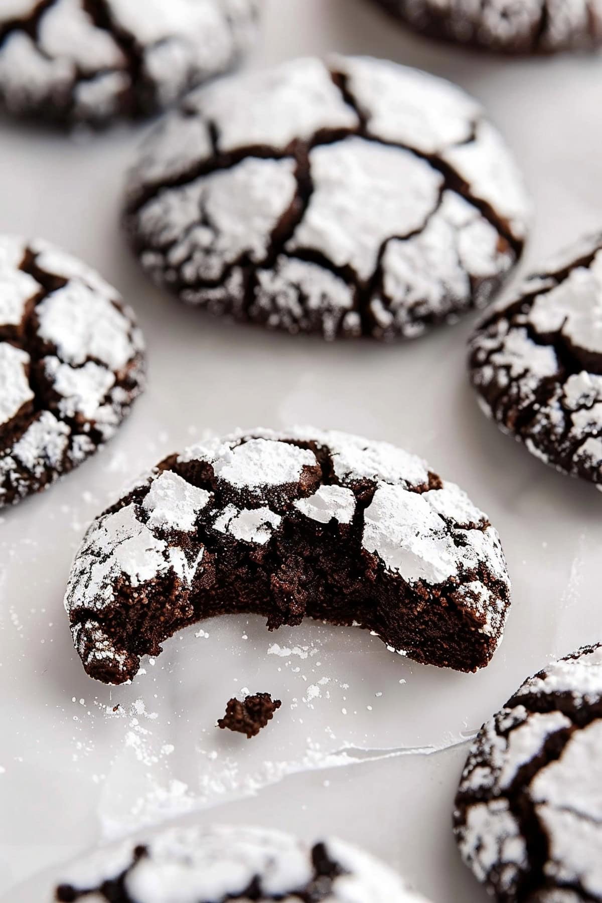 Close Up of Fudge Crinkle Cookies, One Cookie with a Bite Taken Out of It