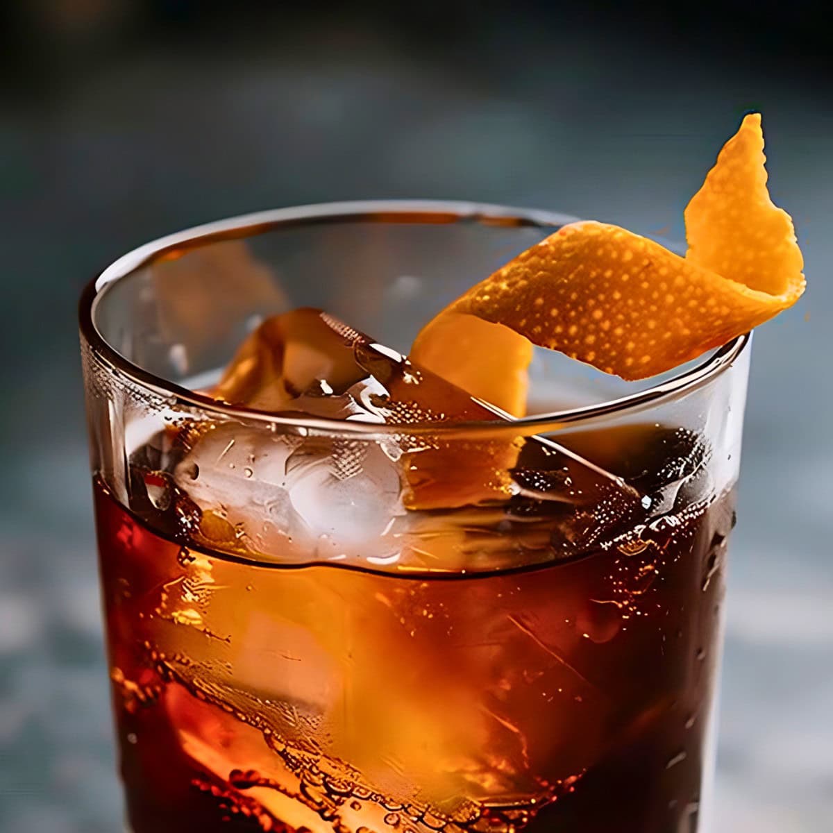 Mezcal Negroni in a Rocks Glass with Ice and an Orange Peel Twist