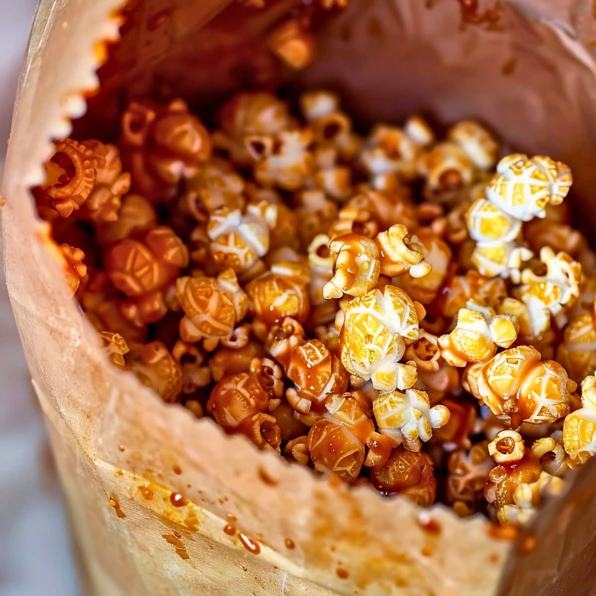Top View Microwave Caramel Popcorn in the Popcorn Bag