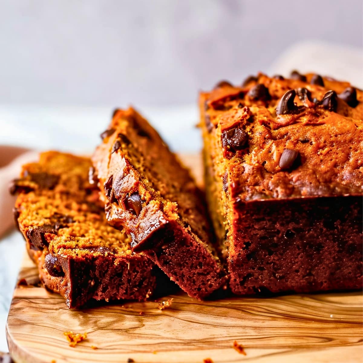 Side View of Pumpkin Chocolate Chip Bread Loaf with Slices Cut on a Wooden Cutting Board