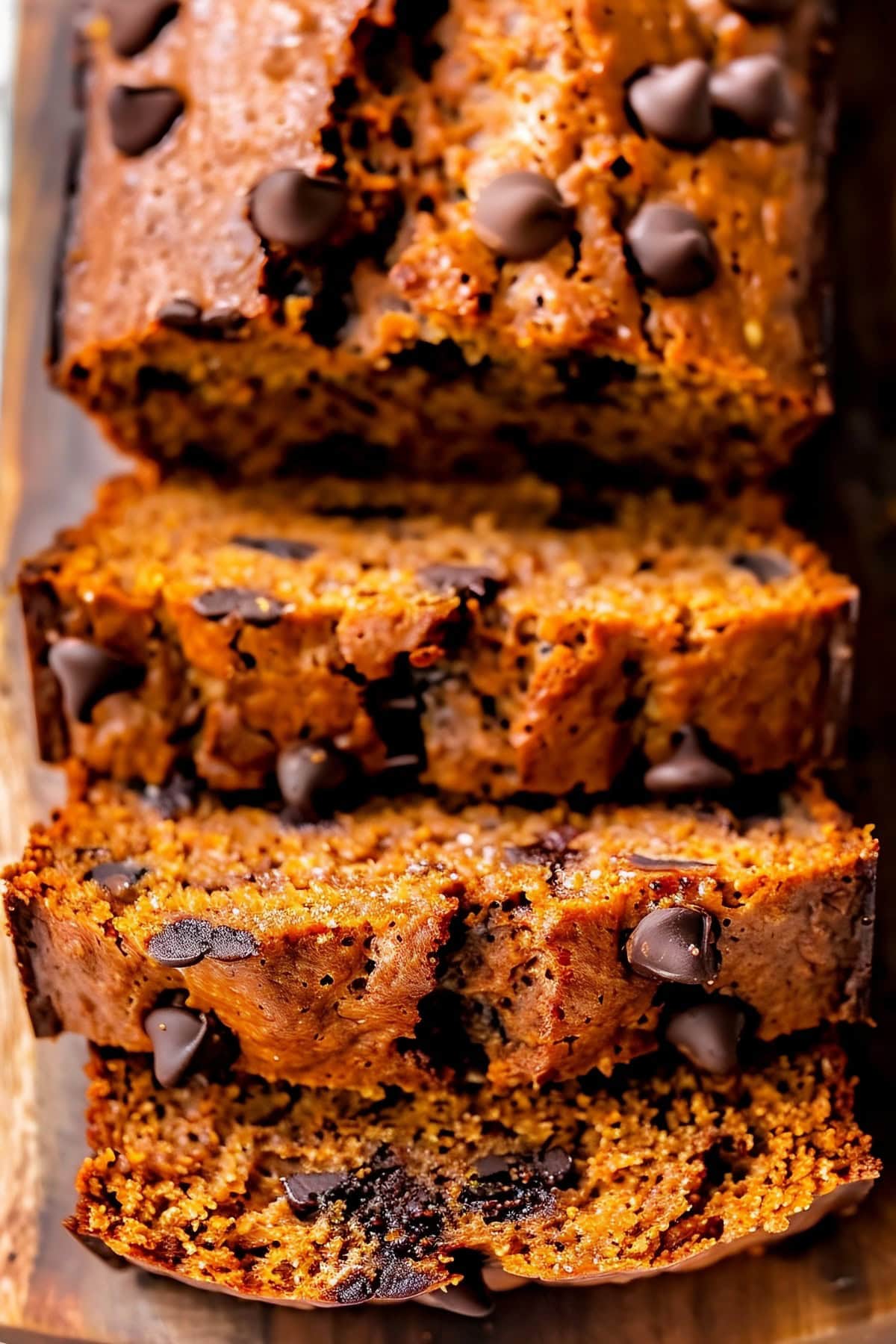 Super Close Up Top View of Pumpkin Chocolate Chip Bread- Sliced- on a Cutting Board