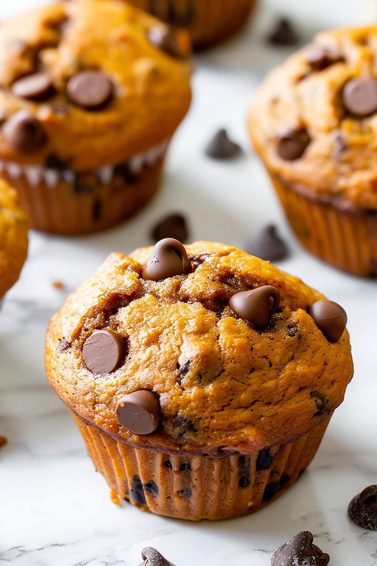 Super Close Up of Pumpkin Chocolate Chip Muffin on a White Marble Table with More Muffins in the Background