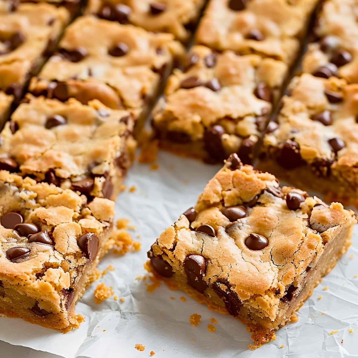 Sheet Pan Chocolate Chip Cookies sliced on a White Parchment Paper.