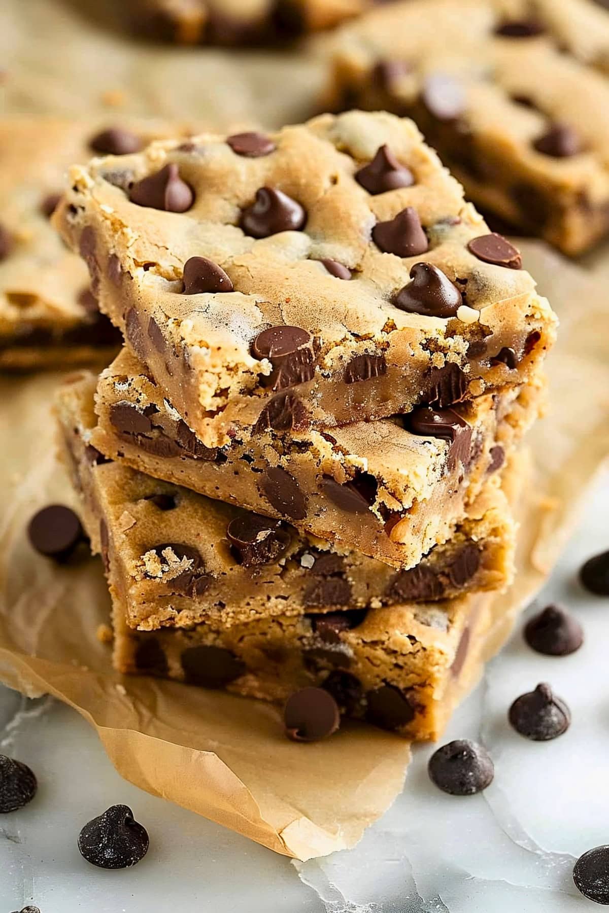 Stacked Sheet Pan Chocolate Chip Cookies on a Brown Parchment Paper.