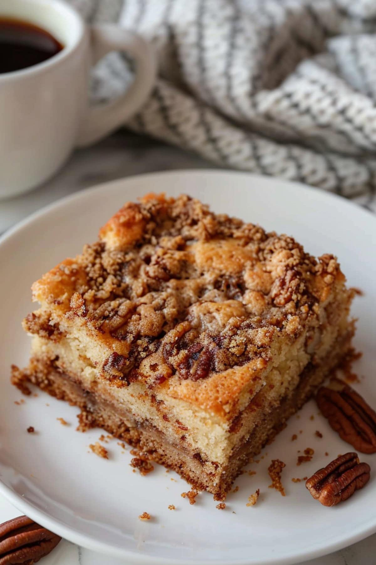 Close Up of Sour Cream Coffee Cake with Pecans and Crumble on a Plate with a Cup of Coffee