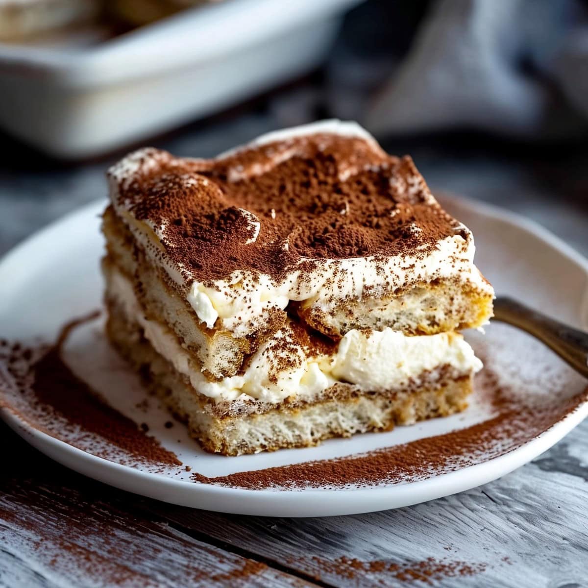 Slice of Tiramisu on a Plate with a Fork and the Rest of the Tiramisu in a Casserole Dish in the Background