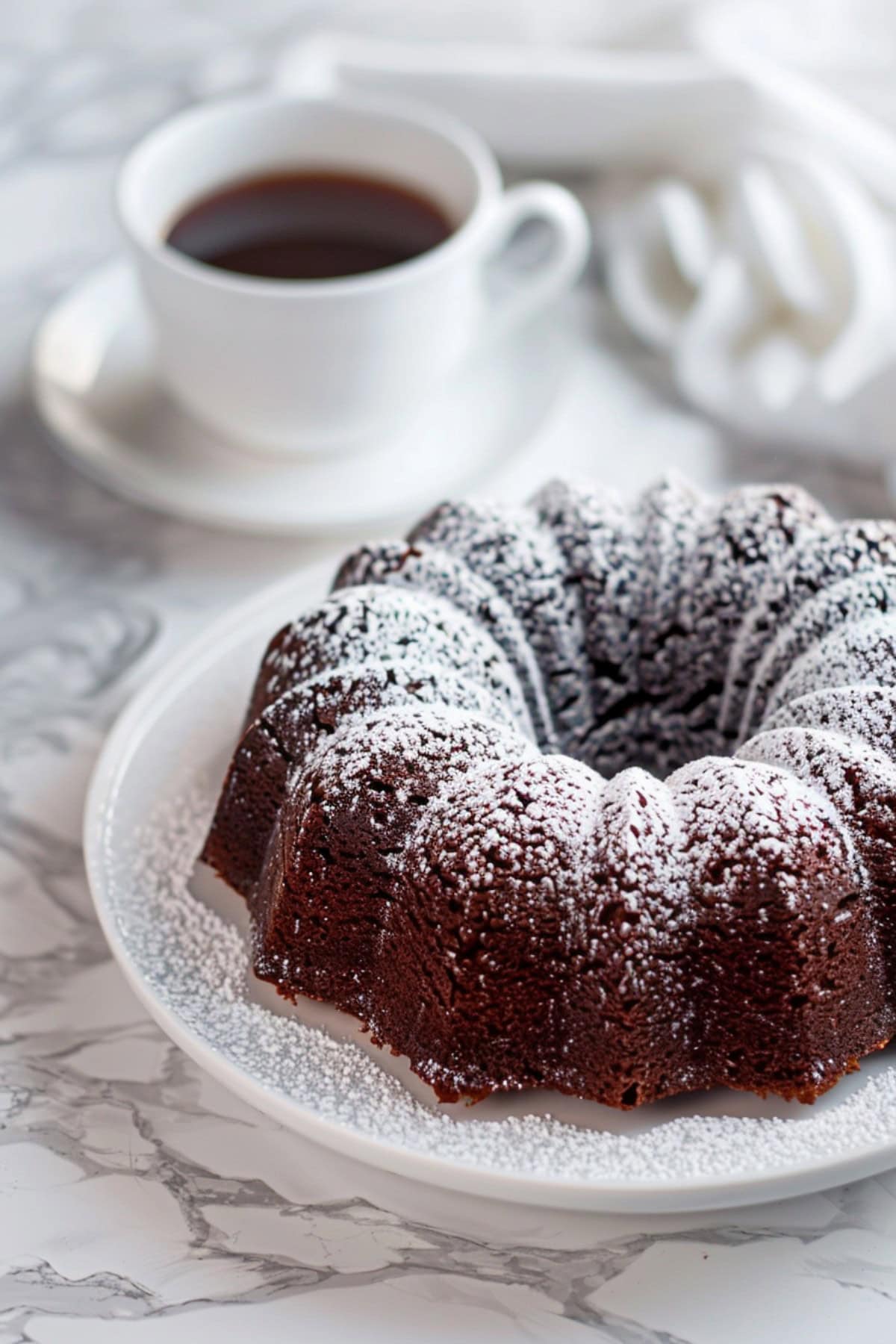 Too Much Chocolate Cake Bundt on a Cake Plate, Dusted with Powdered Sugar, with a Mug of Coffee in the Background