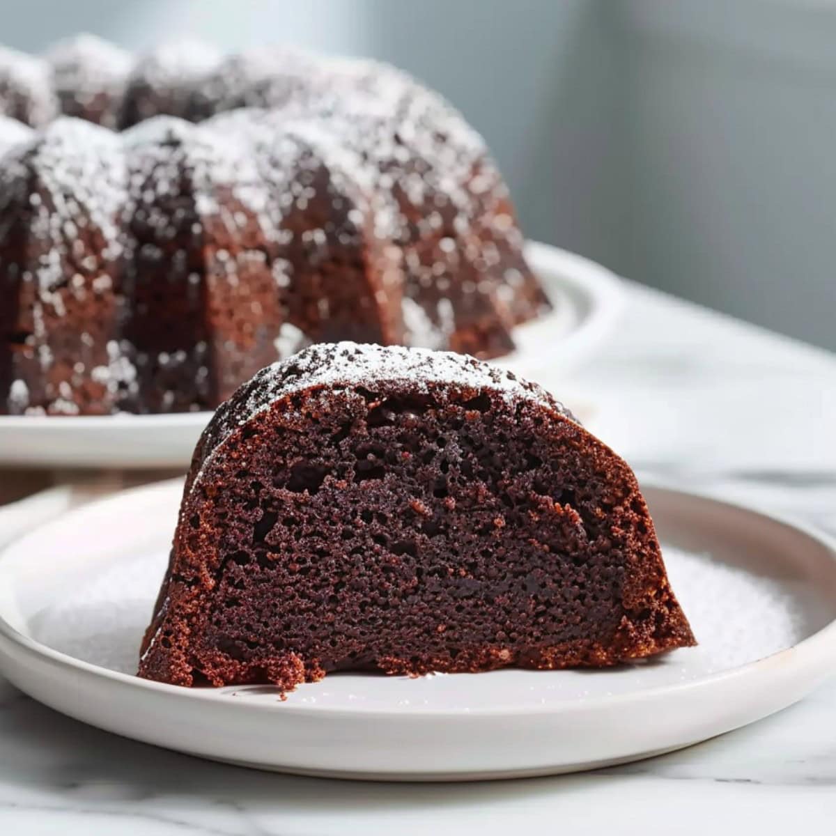Slice of Too Much Chocolate Cake on a White Plate with the Rest of the Bundt in the Background