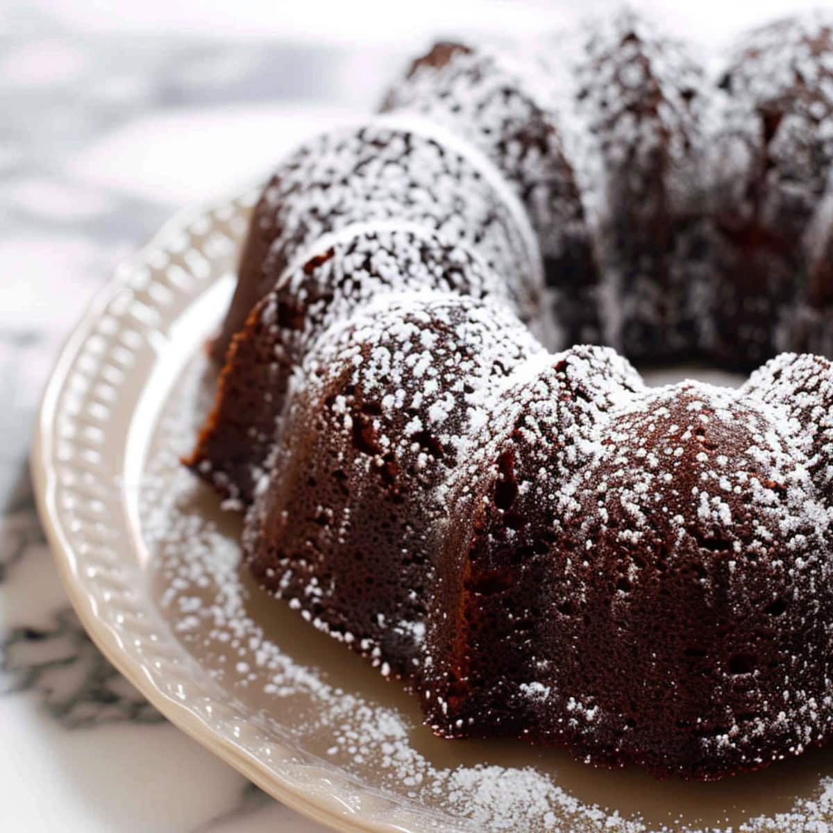 Too Much Chocolate Cake Bundt on a Serving Plate with Powdered Sugar