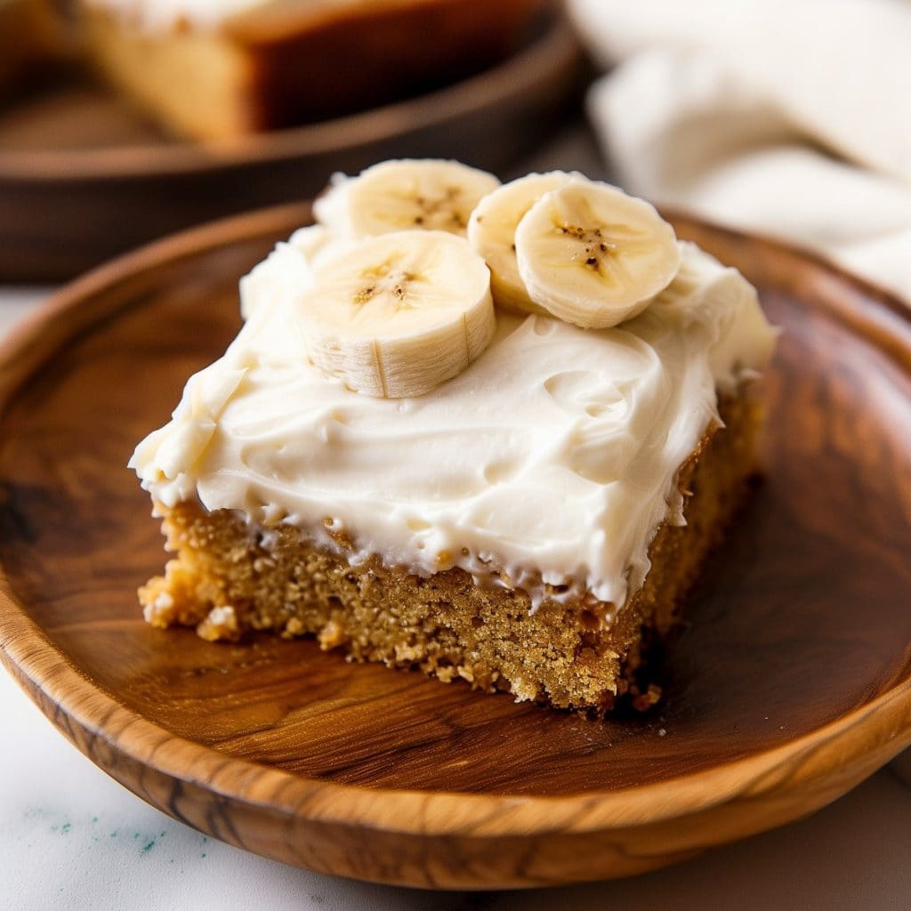 Decadent banana cake topped with smooth cream cheese frosting and fresh banana slices on a wooden plate.