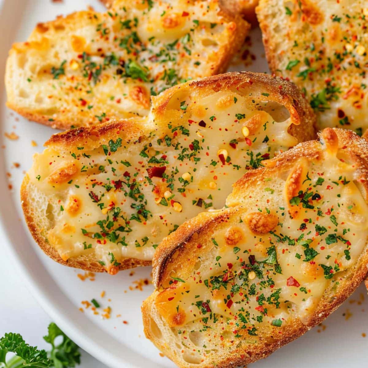 Garlic bread arranged in a white plate.