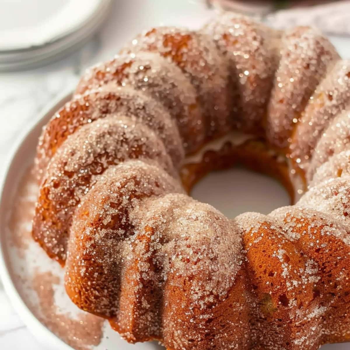 Cinnamon sugar coated apple cider donut bundt cake in a white plate.