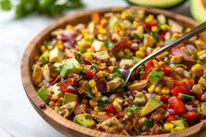 Wooden bowl with serving of avocado chicken salad.