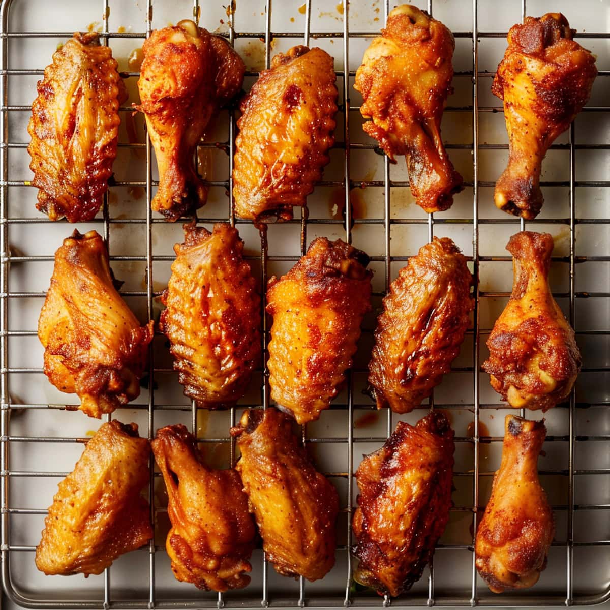 An oven-baked rack full of baked chicken wings, overhead view.