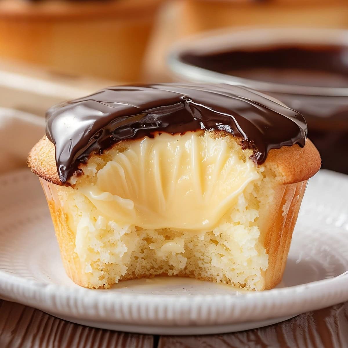 Bitten piece of Boston cream pie cupcake in a white plate with cream filling.