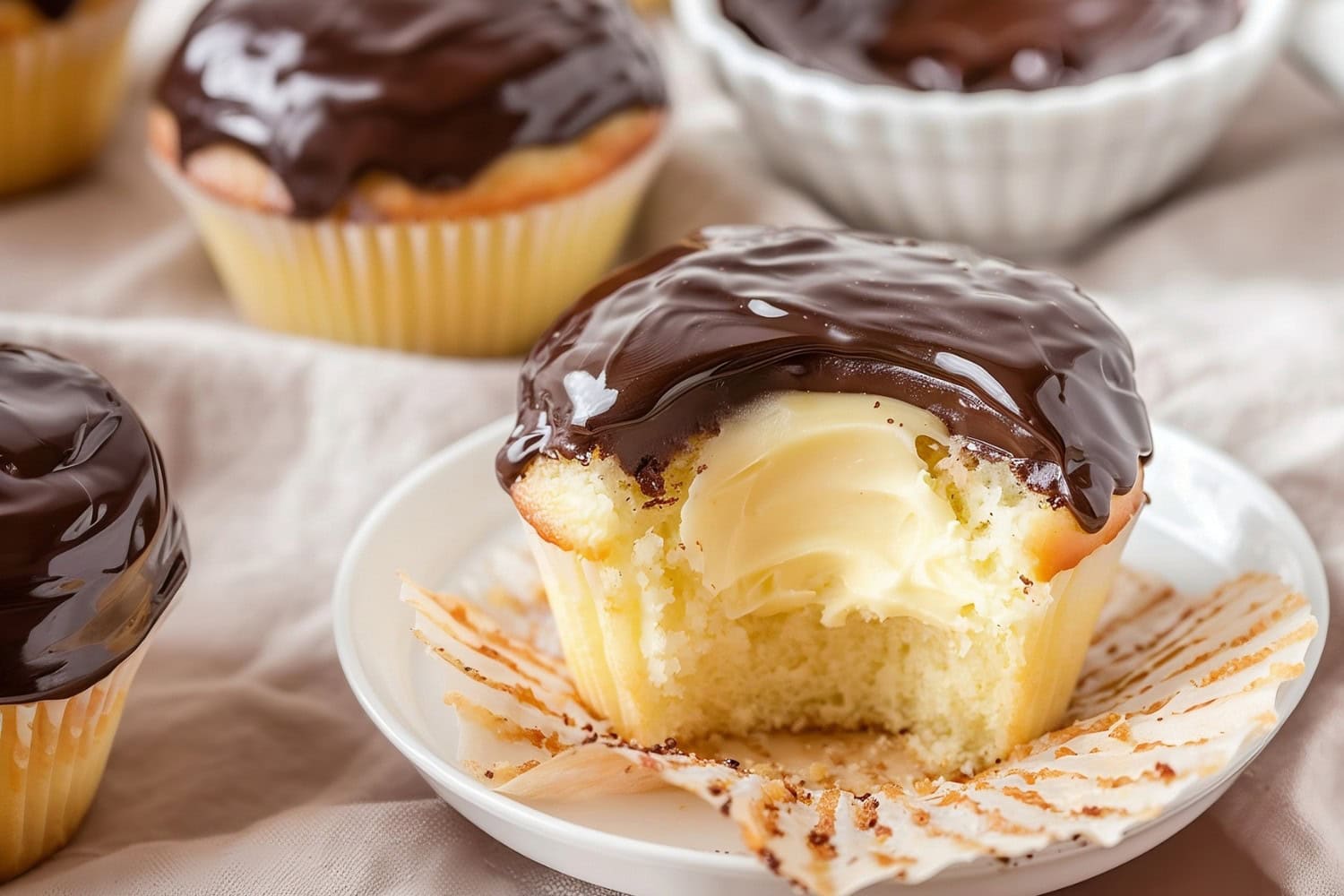 Bitten Boston cream pie cupcake served in a white plate.