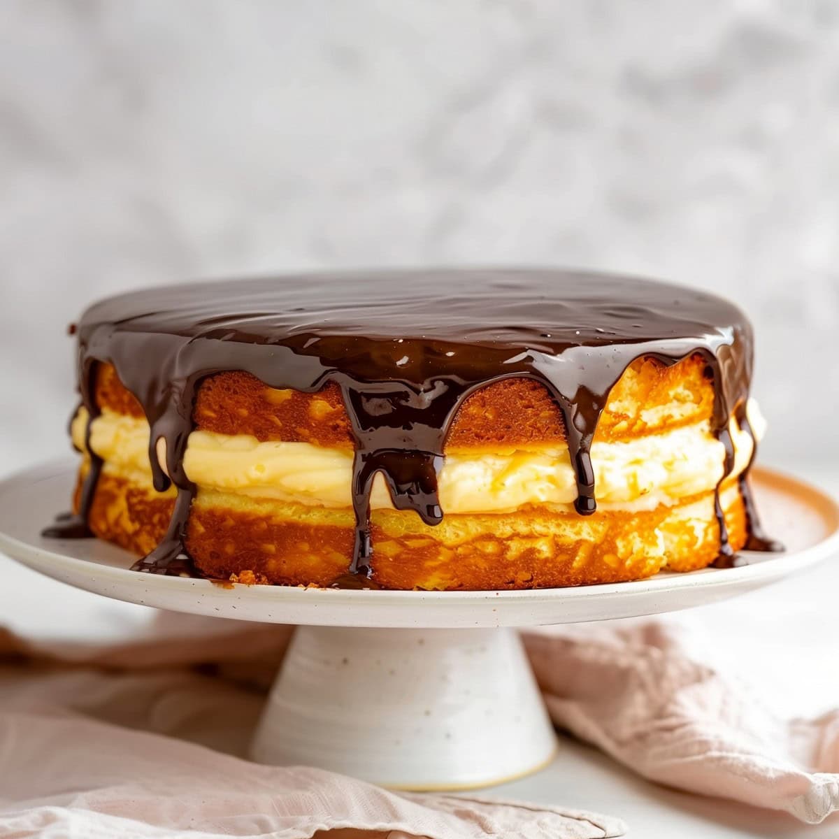 Homemade Boston cream pie in an elegant kitchen stand.