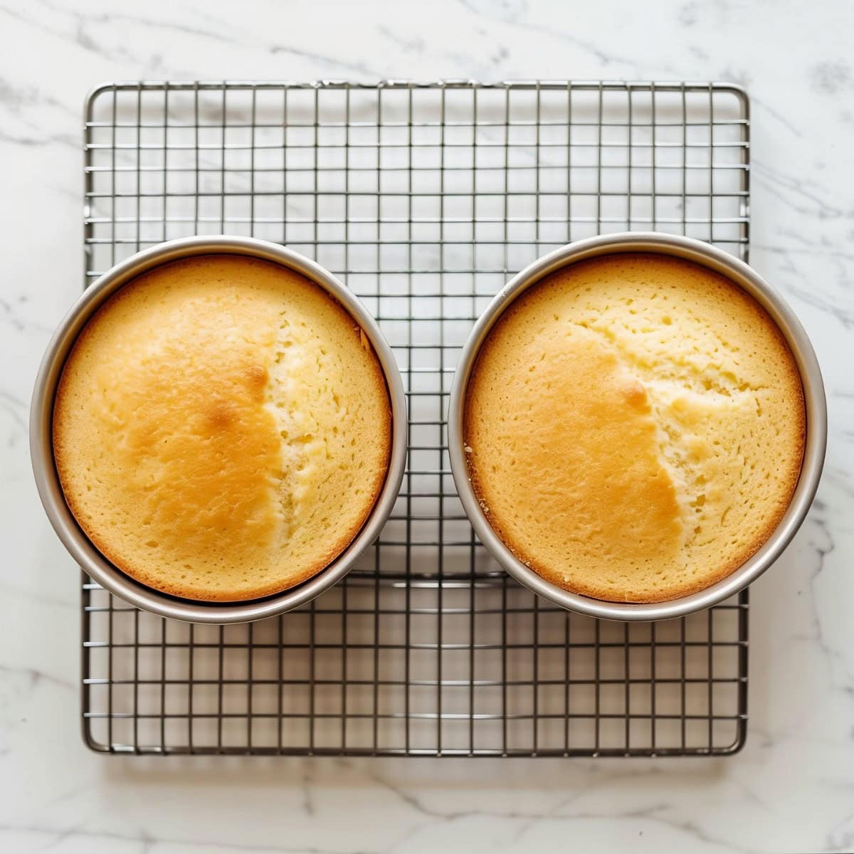 Two Boston cream pie cakes in pans.