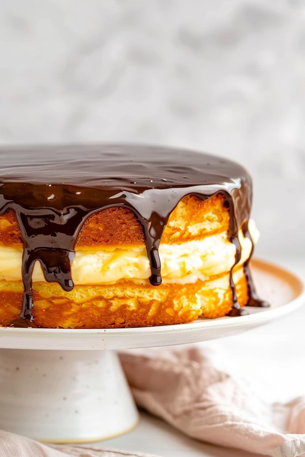 A classic Boston cream pie with a shiny chocolate ganache topping and creamy custard filling.