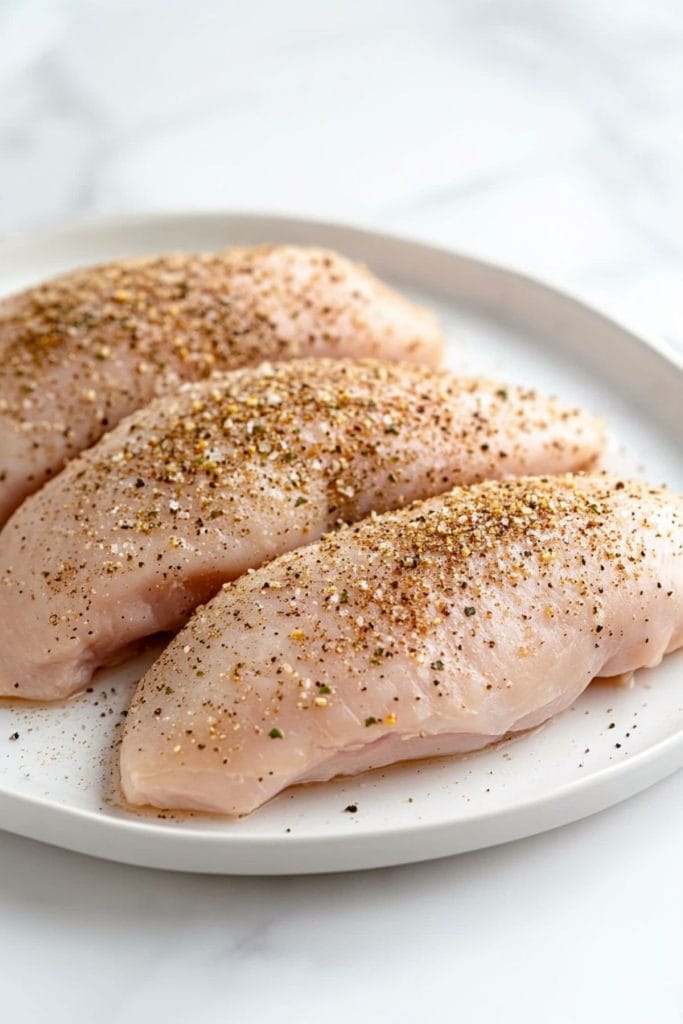 Seasoned chicken breast in a white plate.