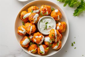 Buffalo chicken meatballs drizzled with hot sauce, cilantro and chopped chives.