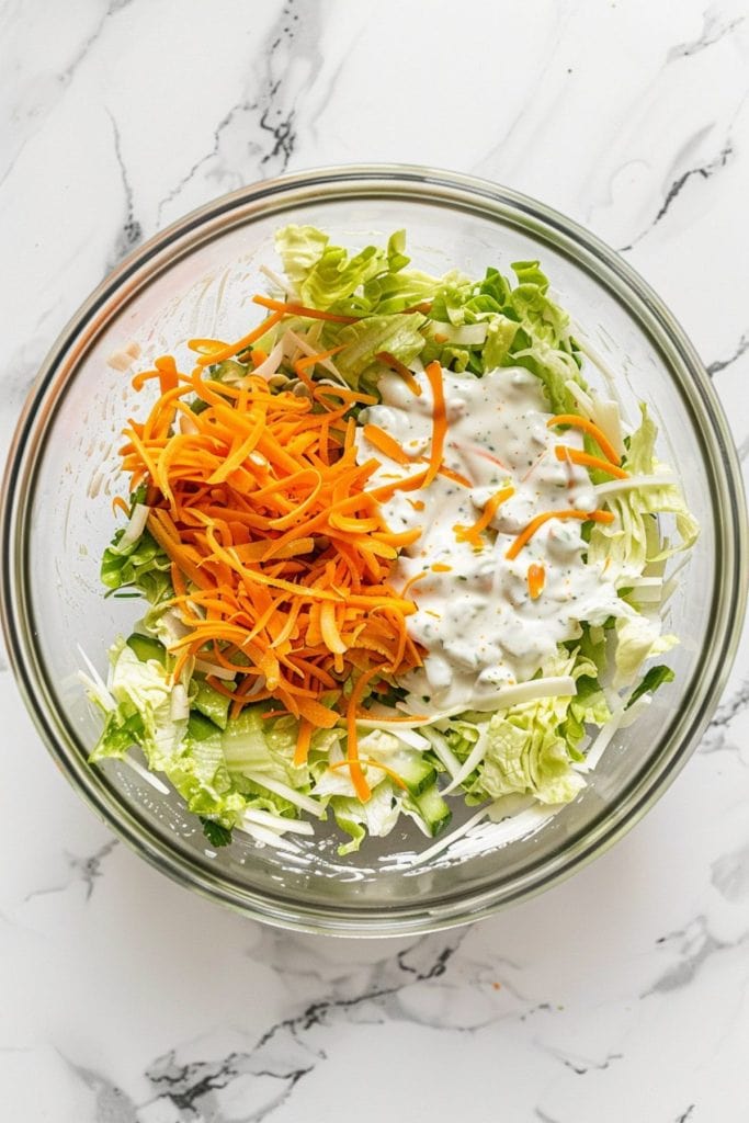 Shredded lettuce and chopped carrots with ranch dressing. 