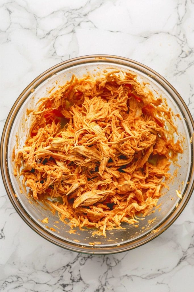 Shredded buffalo chicken in a large glass bowl.