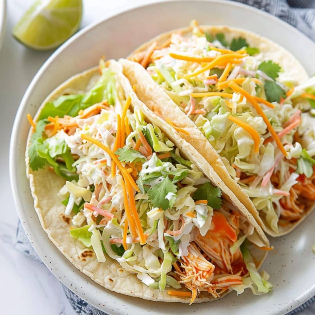 Buffalo chicken tacos in a plate.