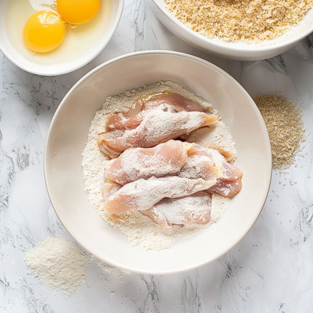 Chicken tenders dipped in flour with bowls of eggs and breadcrumbs on the side. 