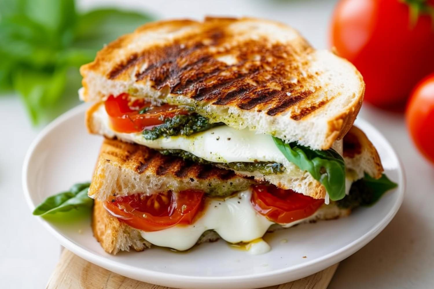 Sliced in half grilled cheese sandwich served on a white plate.