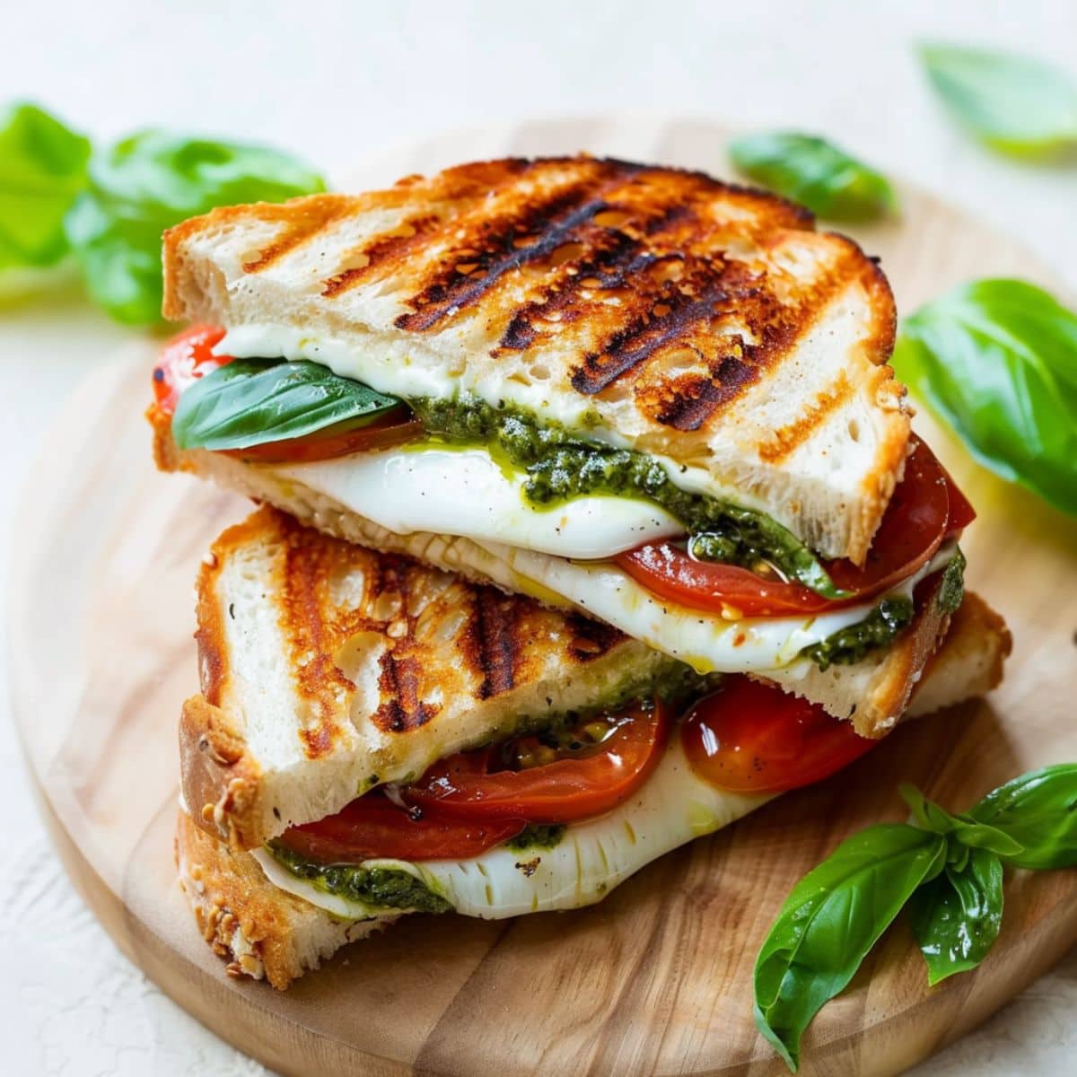 Caprese grilled cheese sandwich sliced in half served on a wooden board.