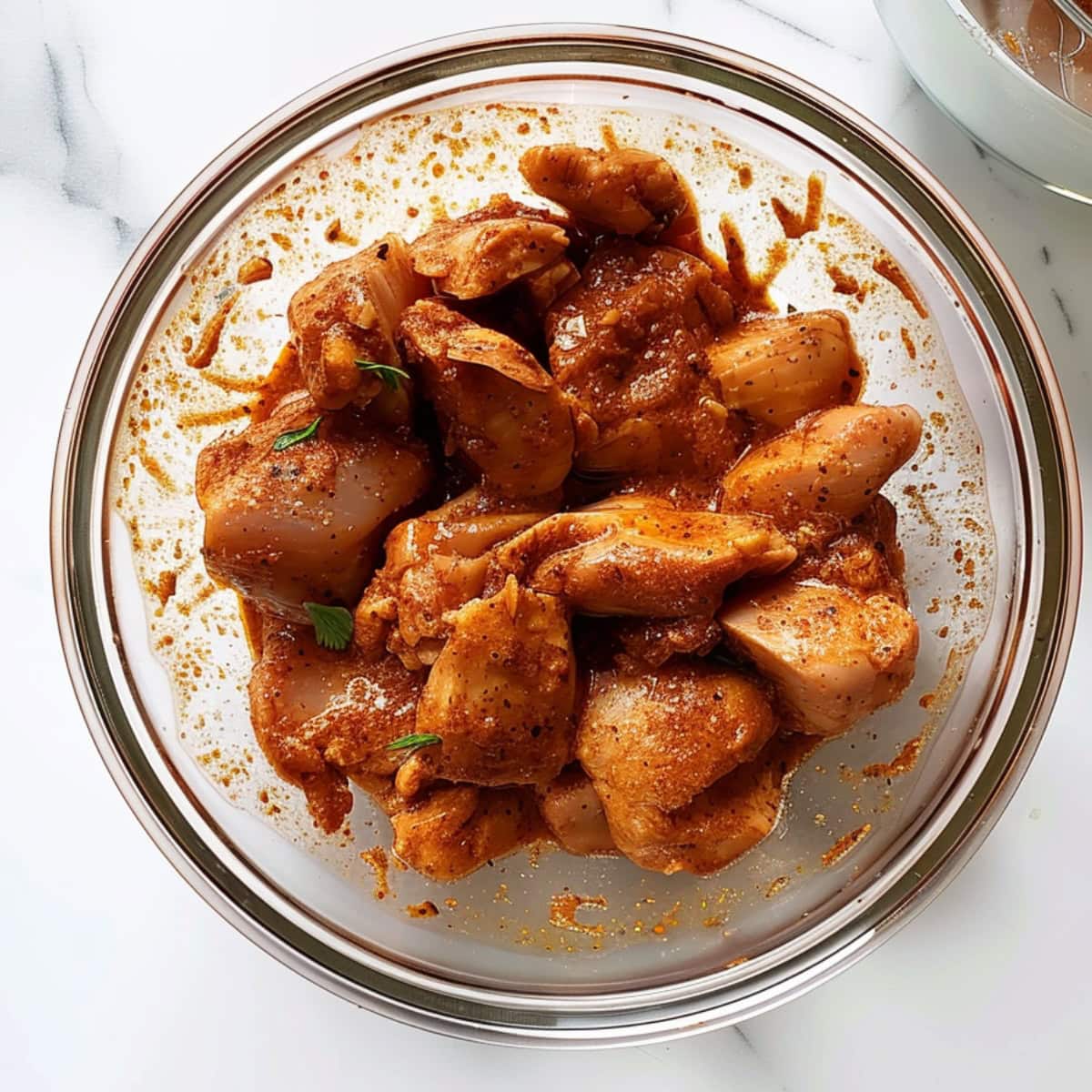 Marinated bite size slices of chicken thighs in a glass mixing bowl