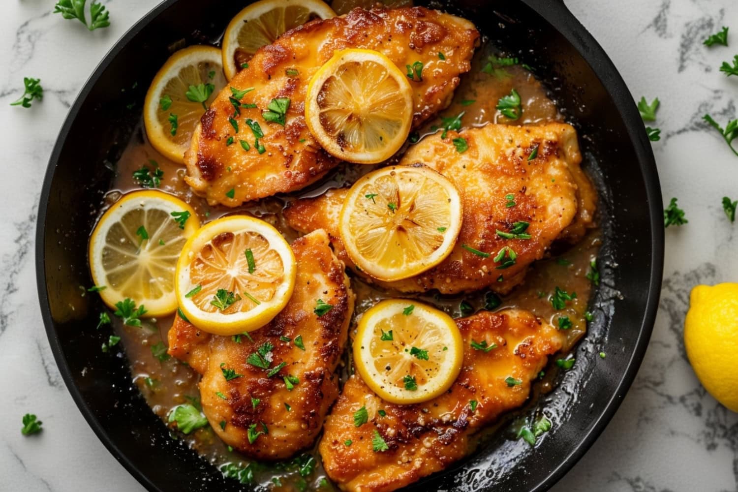 Overhead view of chicken with lemon butter sauce in a skillet on a white marble table.