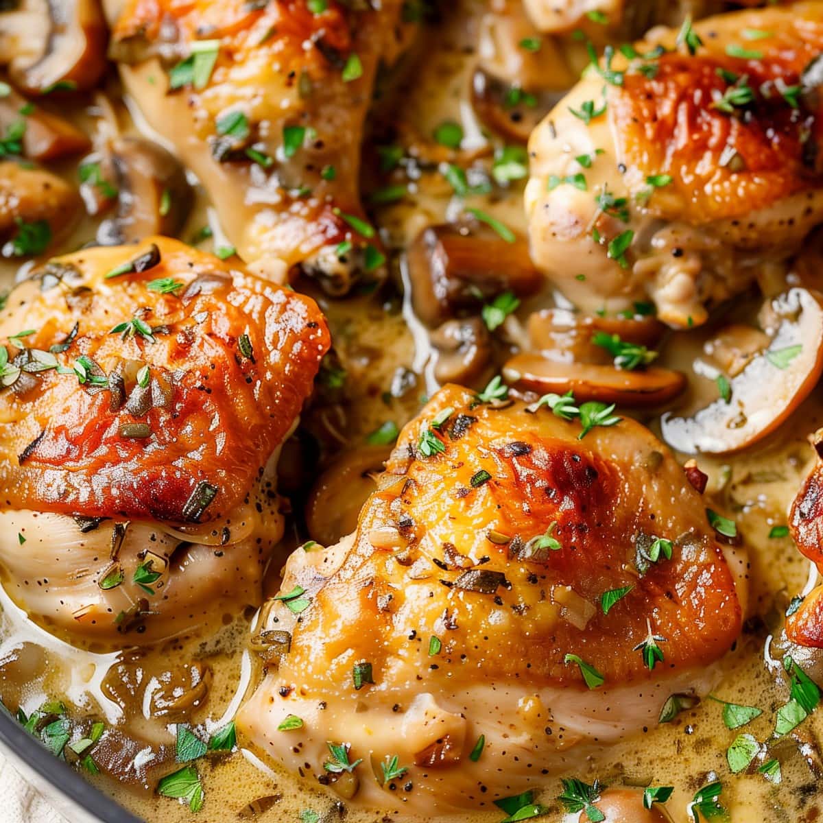 Chicken fricassee with mushrooms, close-up in a skillet