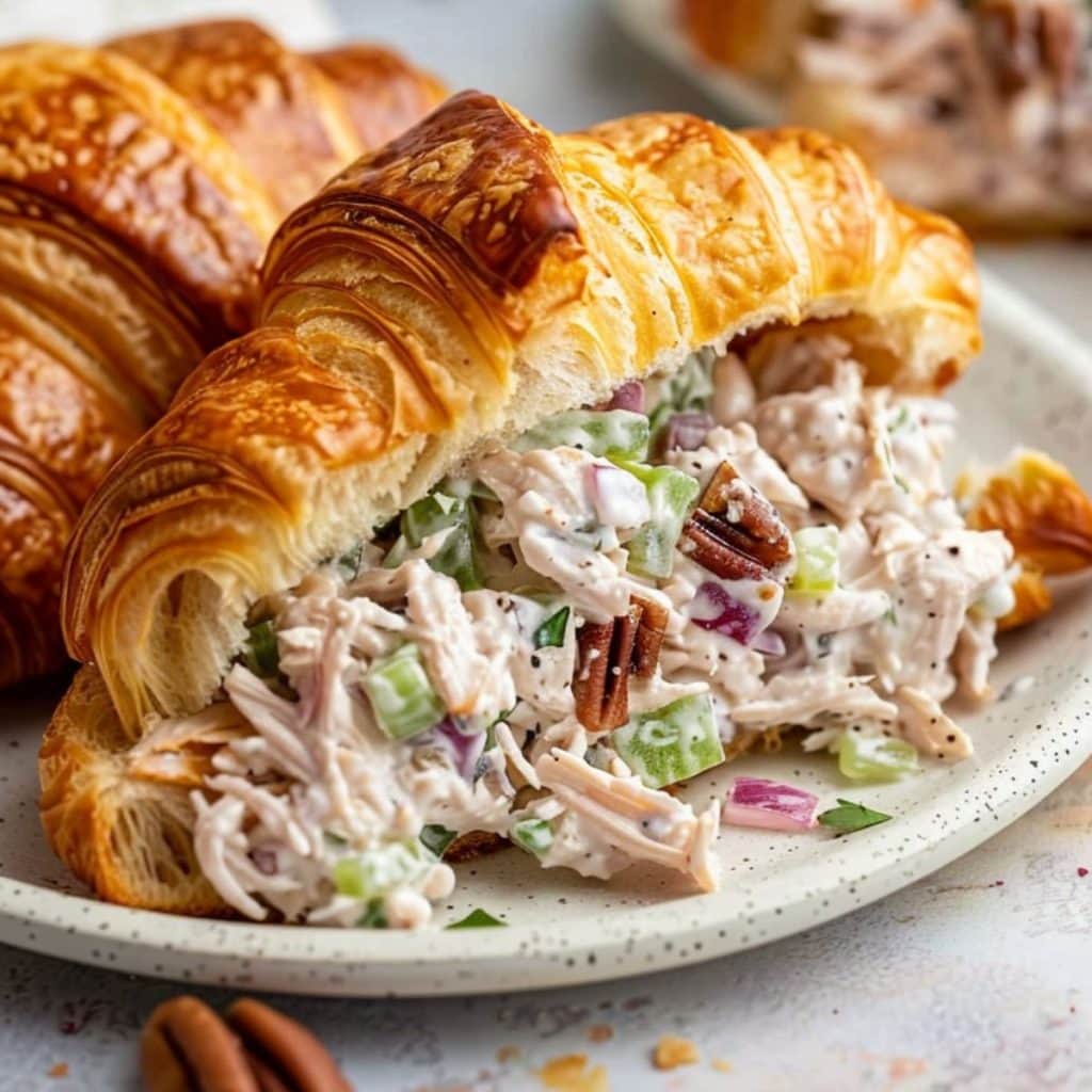 Chicken salad croissant sandwich on a plate