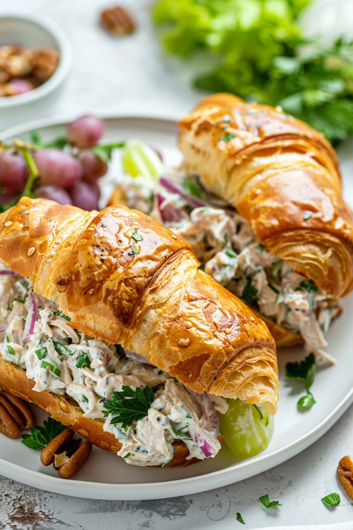 Croissant sliced in half with chicken salad filling served in a white plate. 